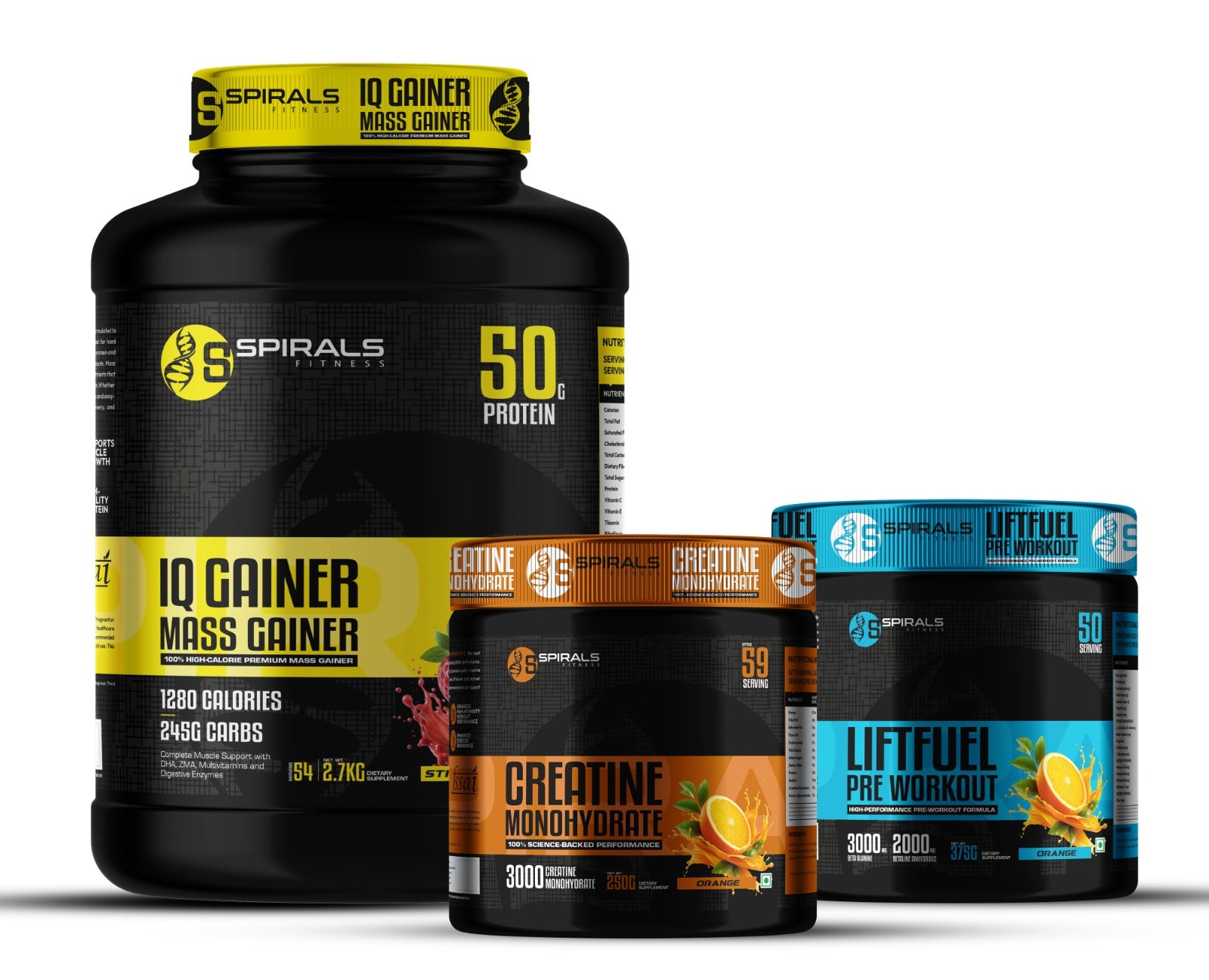 Spirals Fitness Muscle Builder Combo – IQ Gainer, Creatine Monohydrate & Liftfuel Pre-Workout